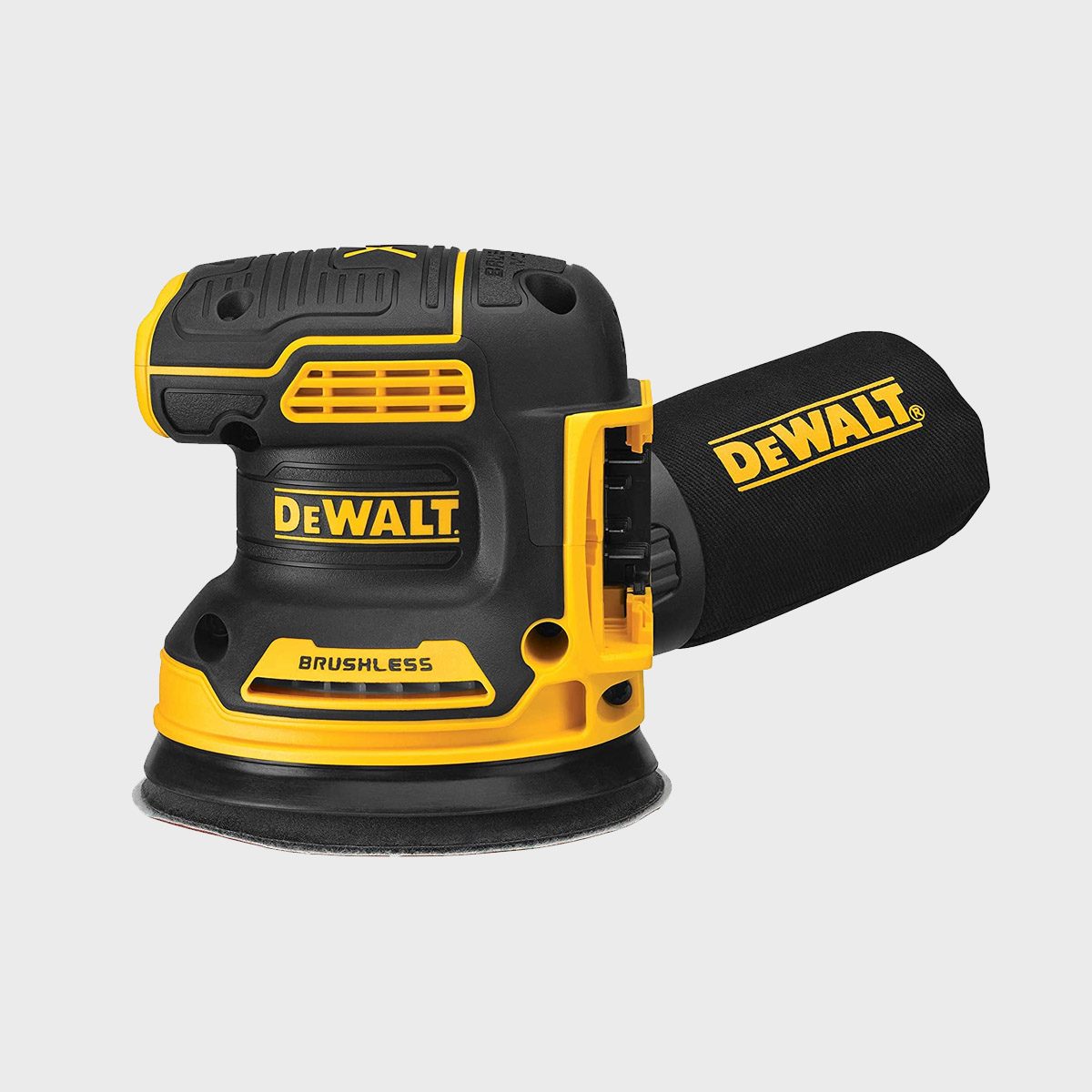 A black and yellow DEWALT sander operates to smooth surfaces, designed for woodworking tasks, featuring a comfortable grip and a circular sanding pad.