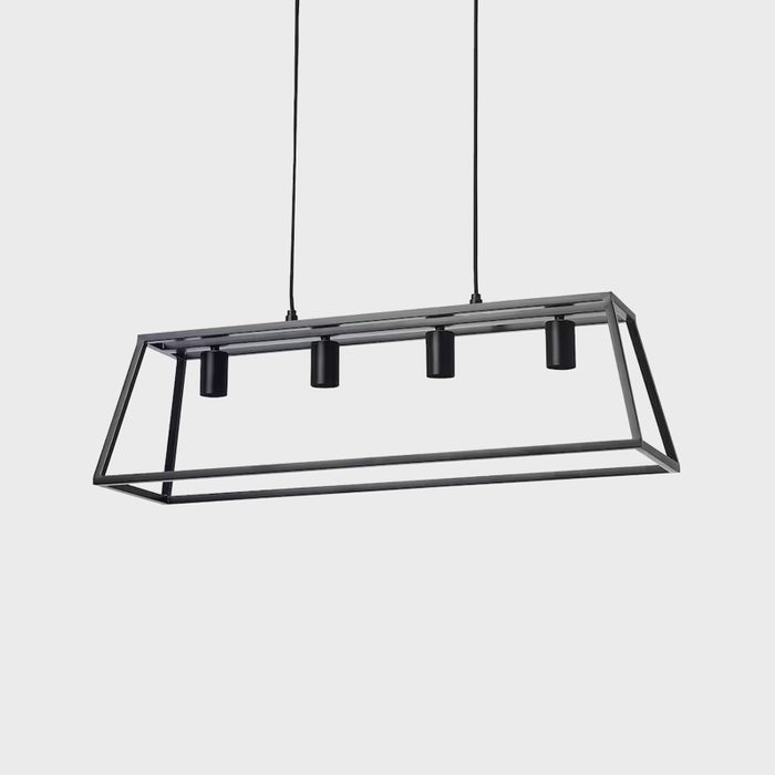A rectangular pendant light hangs from two wires, featuring metallic frames and three black cylindrical bulbs, set against a neutral background.