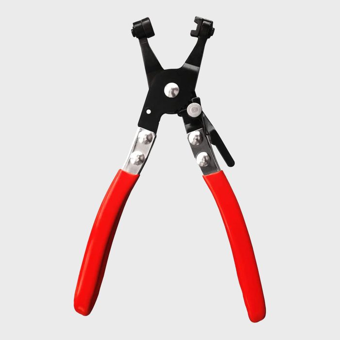 A pair of black and red pliers opens and closes, designed for gripping or manipulating small items, isolated against a gray background.