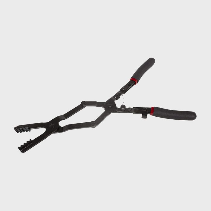 A pair of black pliers with textured grips, poised for gripping or manipulating objects, resting on a plain light background.