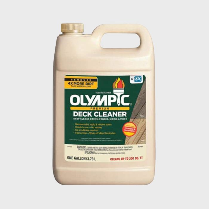 A gallon jug of Olympic Premium Deck Cleaner is shown. It removes dirt from surfaces, ready to use without mixing. Suitable for decks and more.