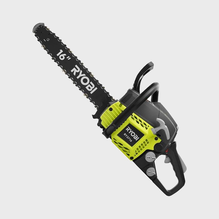 A yellow and black electric chainsaw rests horizontally, designed for cutting wood, featuring a 16-inch bar with a chain and ergonomic handle.