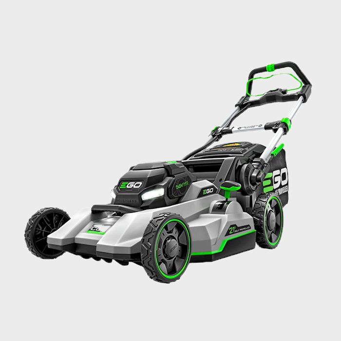 A battery-powered lawn mower, featuring a sleek gray and green design, stands ready for use on a neutral background, highlighting its modern and efficient appearance.