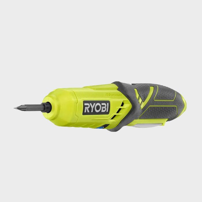 A yellow Ryobi electric screwdriver aims to drill with a pointed bit, featuring a textured grip, set against a plain white background.
