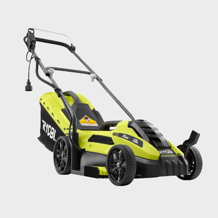 A yellow and black electric lawn mower sits on a plain background, ready for use, designed for lawn maintenance with sturdy wheels and a handle.