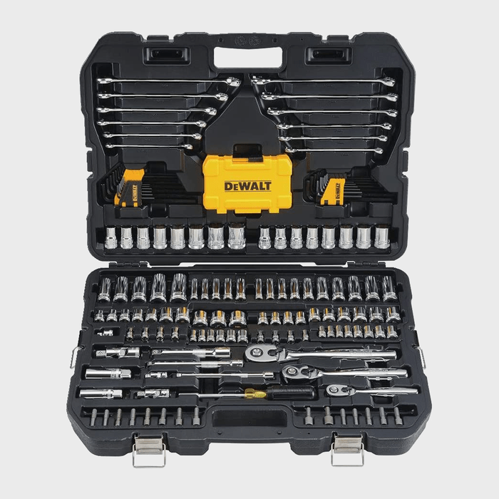 A black toolbox opens to display various metallic tools, including wrenches and sockets, organized neatly, set against a neutral background.