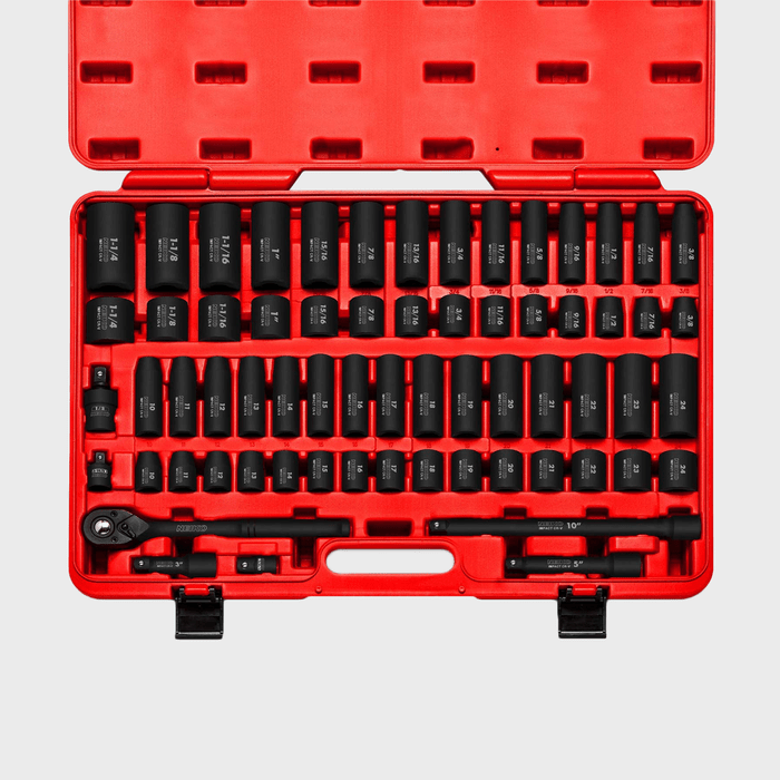 A red tool case contains multiple black socket tools, arranged systematically, with a ratchet and extensions included, in a structured layout for easy access.