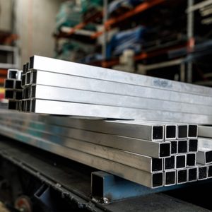 Stacked aluminum rectangular tubes rest on a work surface in a warehouse, with shelves of materials visible in the background.