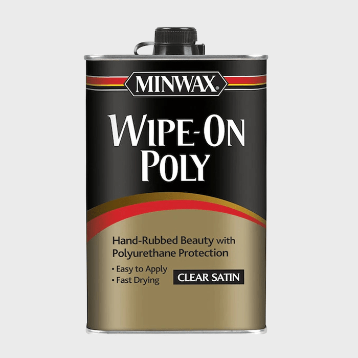 A can of Minwax Wipe-On Poly is displayed, labeled with product features like 