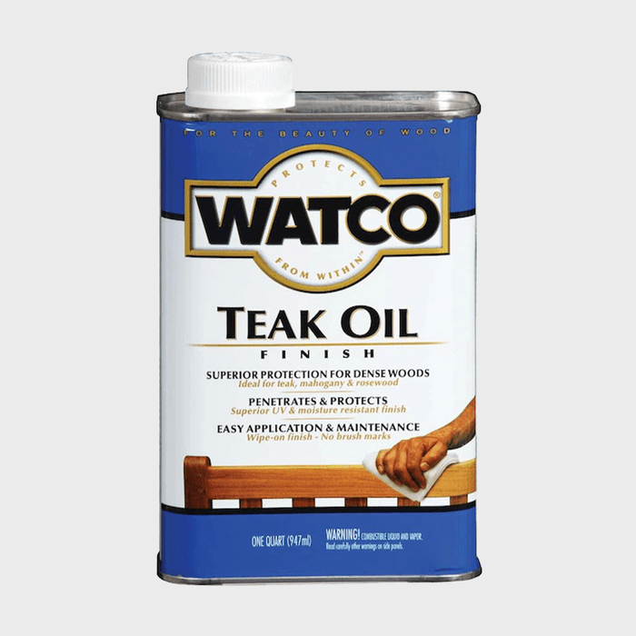 A metal can of Watco Teak Oil is shown, labeled for wood finishing. A hand applies the oil onto a wooden surface for protection.