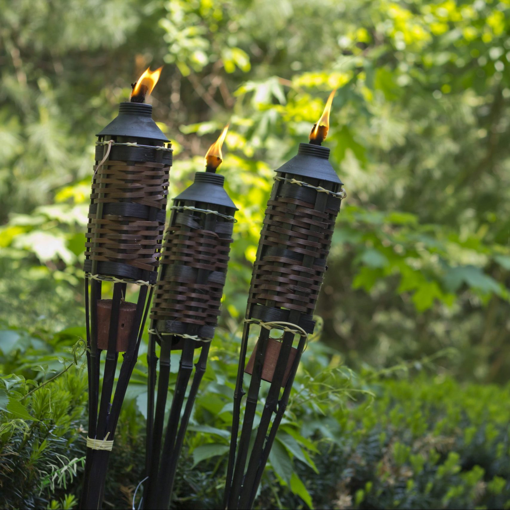 Bamboo Citronella Torch outside with greenery in the background