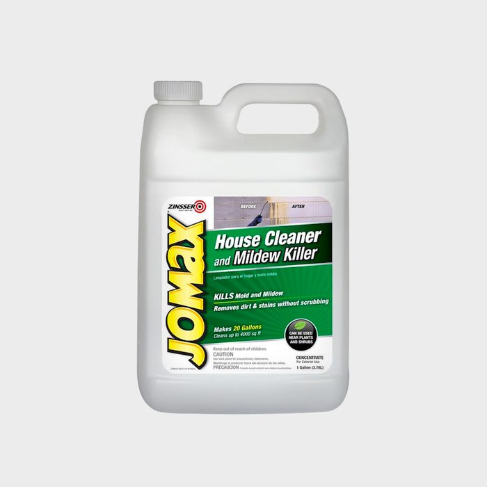 A gallon container of Jomax House Cleaner and Mildew Killer cleans and eliminates mold, suitable for external surfaces, displayed against a plain background.