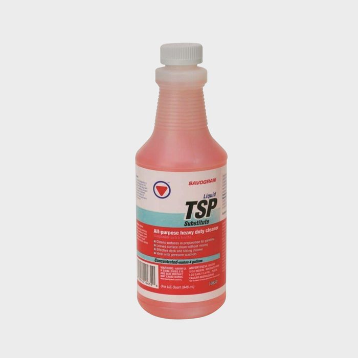 A pink liquid cleaner bottle stands upright. The label describes it as an all-purpose heavy-duty cleaner, suitable for preparing surfaces for painting.