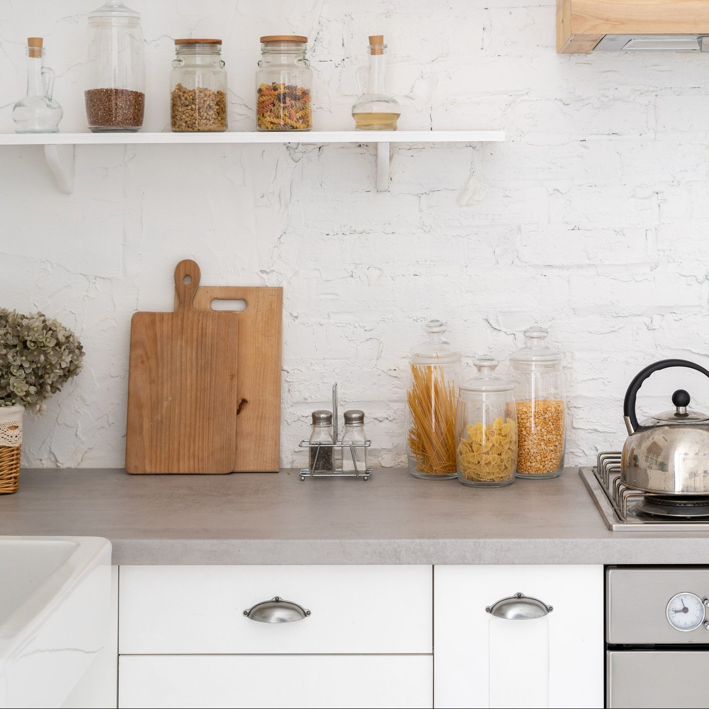 Kitchen at home with white modern interior