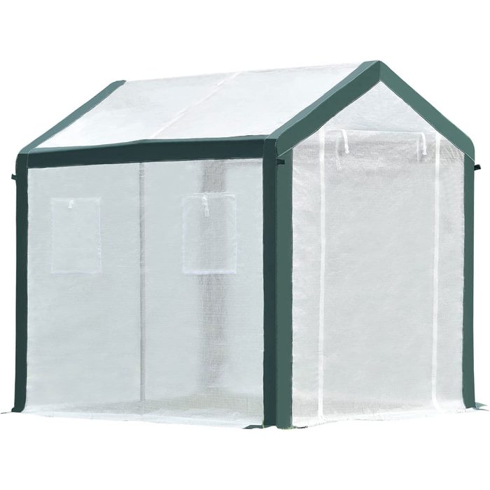A transparent greenhouse sits upright, featuring a green frame and two windows, used for growing plants in a controlled environment outdoors.