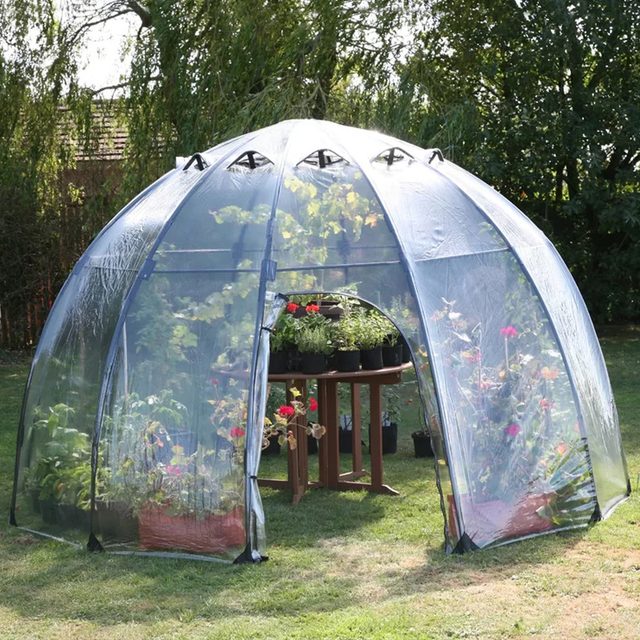 A transparent dome-shaped greenhouse contains various potted plants and flowers, positioned on a wooden table, surrounded by a grassy garden and trees.