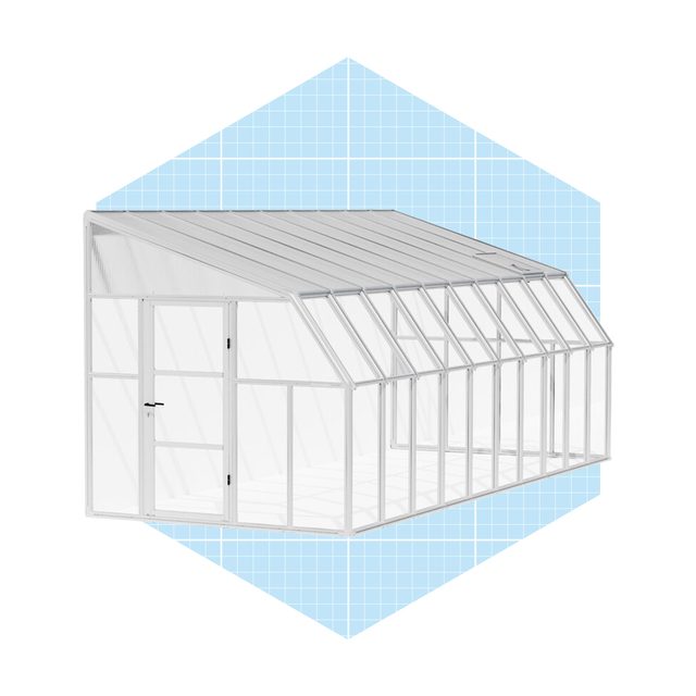 A transparent greenhouse stands upright, featuring a metal frame and glass panels, designed for protecting plants while allowing sunlight in, set against a light blue backdrop.