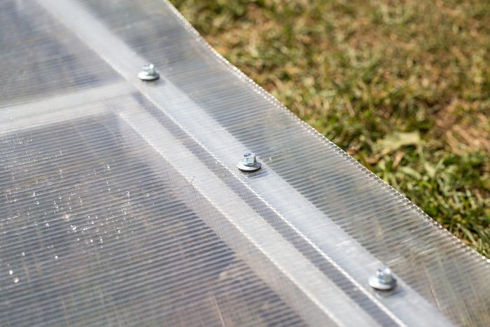 A transparent polycarbonate sheet rests on grass, secured by metal bolts, catching sunlight and casting subtle reflections on its surface.