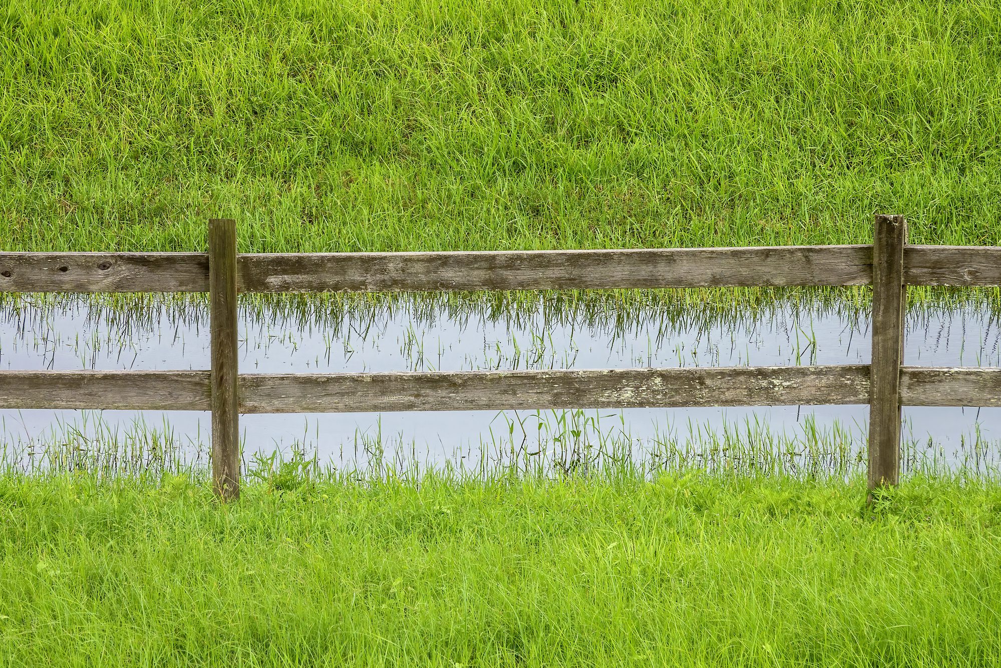 post and rail wooden fence In a grassy yard with a small stream on the other side