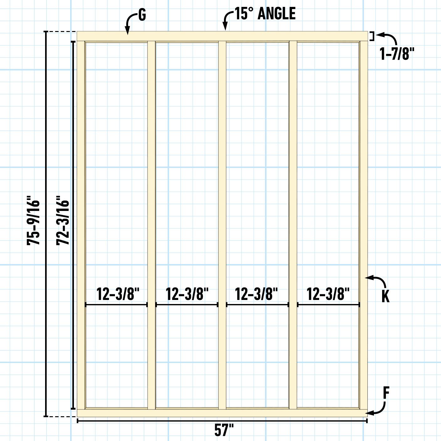 A wooden frame is depicted, labeled with measurements and angles, arranged vertically with sections for a structure, set against a grid background.