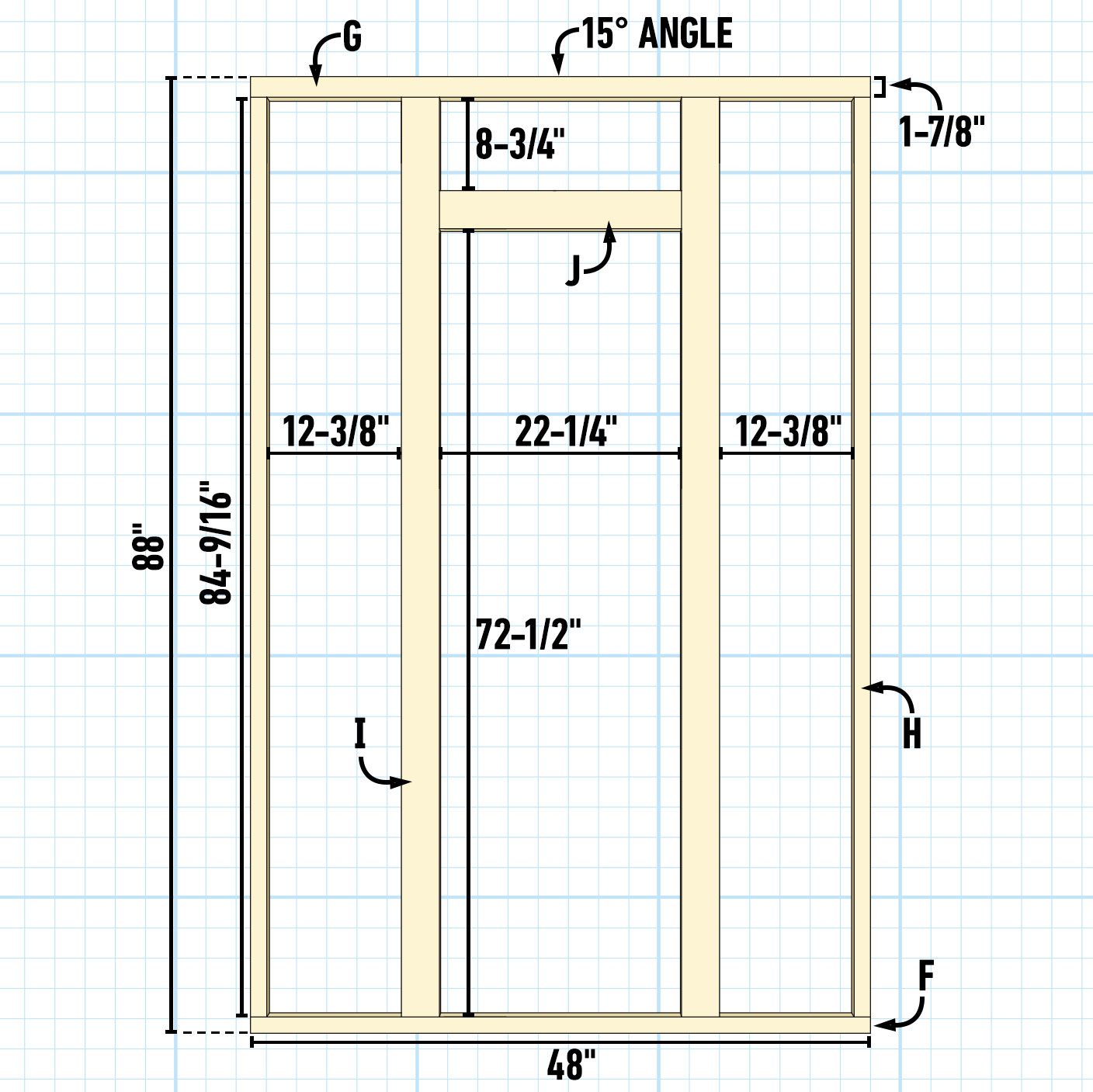 A construction diagram displays a rectangular frame with specified dimensions and angles, oriented diagonally on a grid background for clarity in measurement.