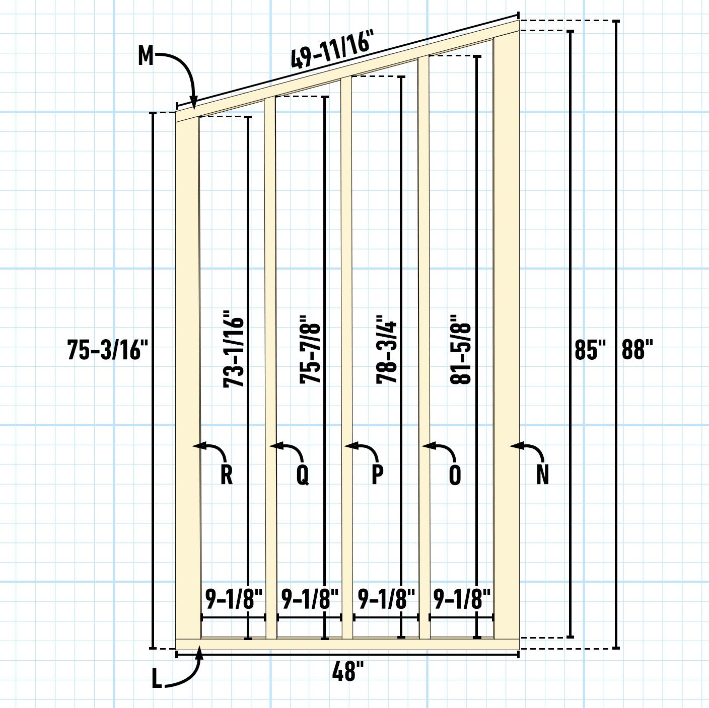 A vertical diagram displays a wall framing plan with measurements indicating studs and header heights in a grid background for construction purposes.