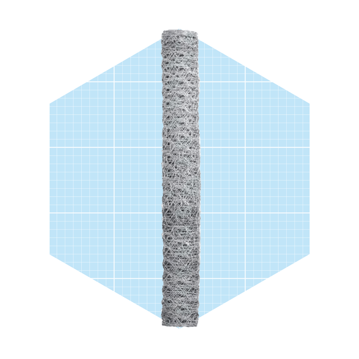 A cylindrical metal scrubber stands upright against a light blue hexagonal background, showcasing its textured surface designed for cleaning tasks.