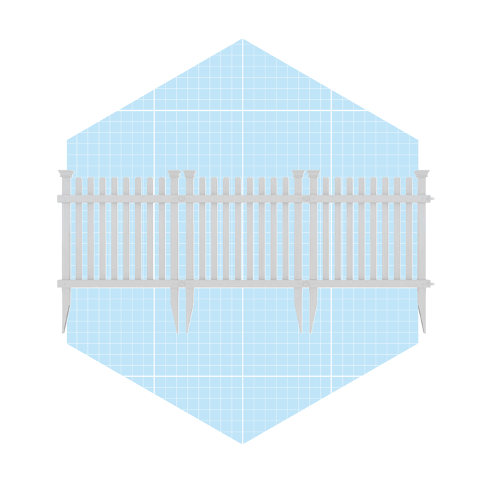 A white picket fence stands upright, creating a boundary against a light blue grid background, suggesting a designed outdoor space.