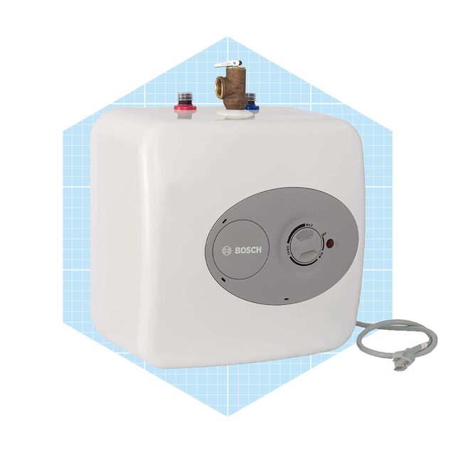 A white water heater is mounted, featuring control knobs and inlet connections, set against a light blue grid background.