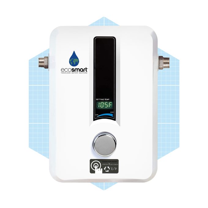 A white tankless water heater displays a digital temperature setting of 105°F, with controls for power and temperature adjustment against a light blue grid background.
