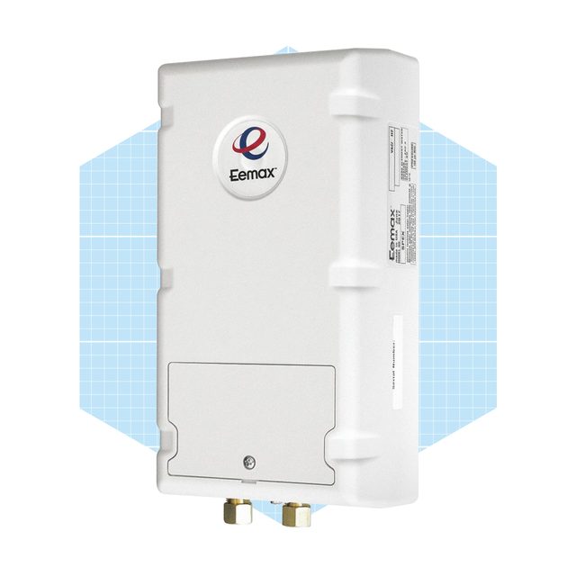 A white electrical device is positioned upright with hexagonal connections at the bottom, set against a light blue geometric background.