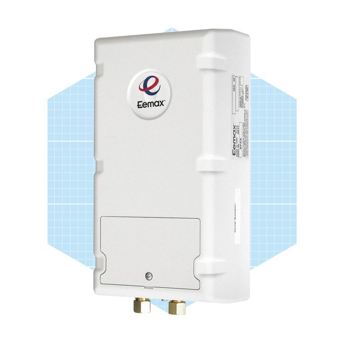 A white electrical device is positioned upright with hexagonal connections at the bottom, set against a light blue geometric background.