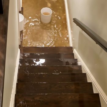 A staircase is submerged in water, with a bucket placed at the bottom. The surrounding floor is also covered in murky liquid.