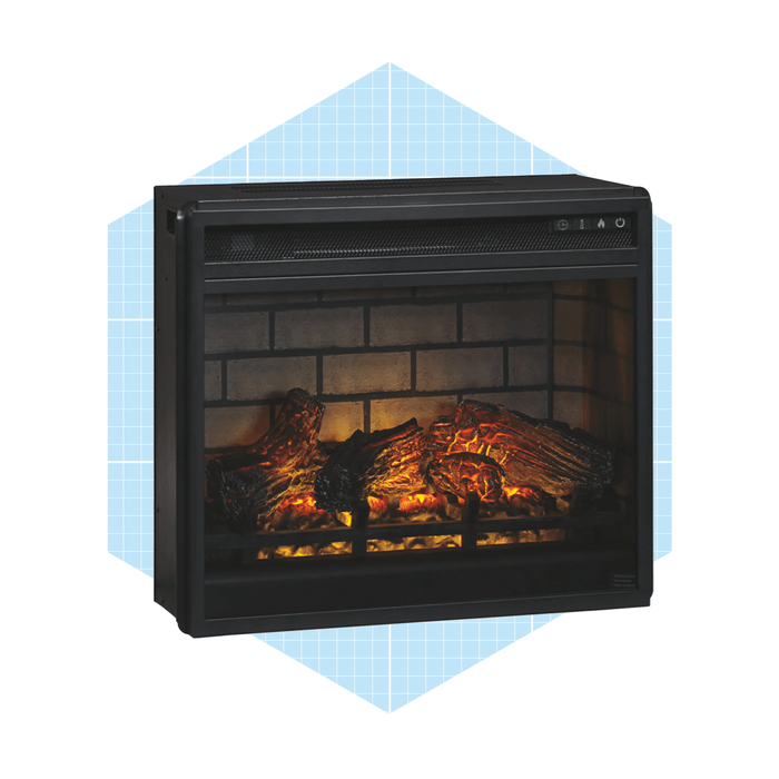 An electric fireplace displays glowing faux logs with embers. It is set against a light blue grid-patterned background, providing a cozy ambiance.