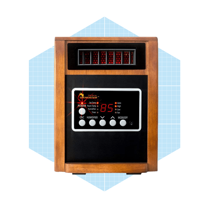 A wooden heater displays controls and a digital temperature reading of 85°F. It operates in a modern setting with a geometric background.