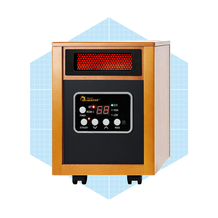 A small, wooden electric heater displays a digital temperature setting of 68°F, with control buttons on a black panel, set against a light blue grid background.