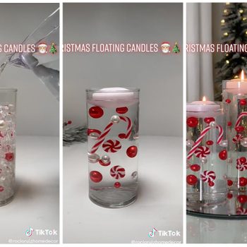 Three glass vessels contain floating candles and holiday decorations, surrounded by a festive setting with a decorated tree, creating a seasonal atmosphere.