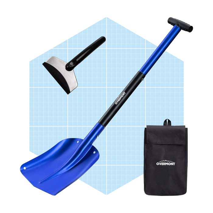 A blue shovel and a metal scraper, alongside a black storage pouch, are arranged against a light grid background, suggesting a compact outdoor toolset.