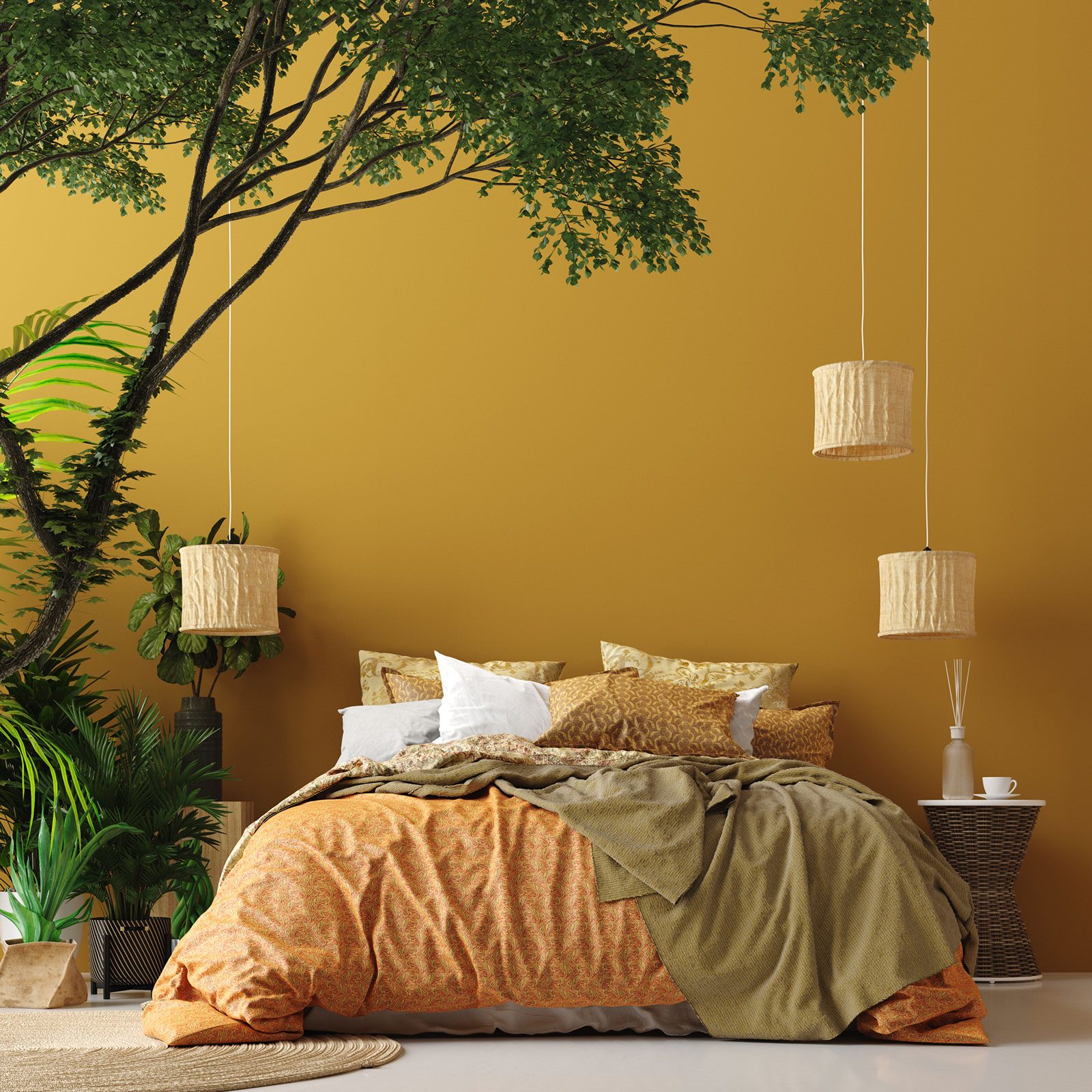 Bedroom Interior In Bohemian Style With Patterned Bed And Floral Corner