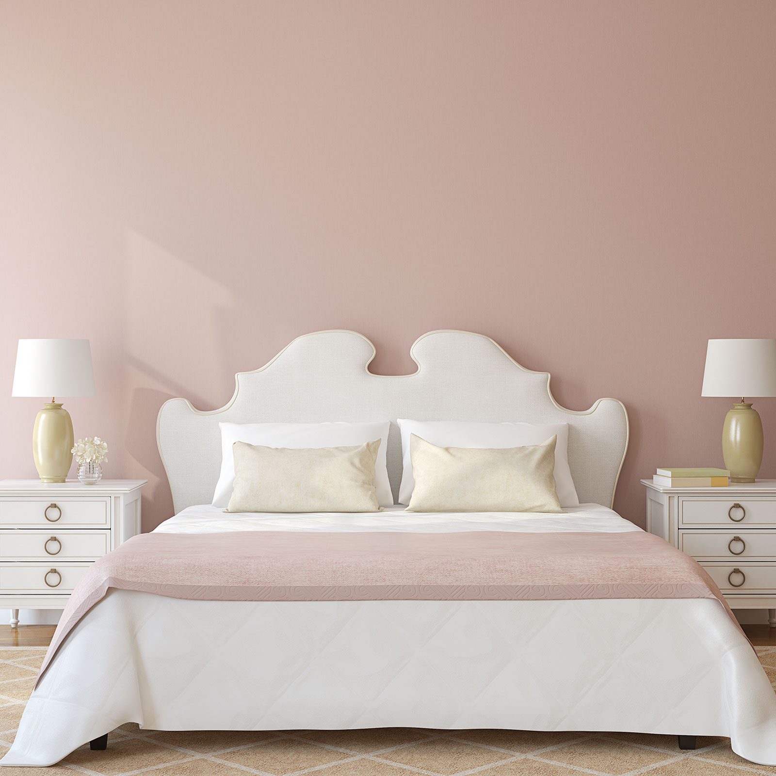 Bedroom Interior with white bed and nightstands on a blush pink dusty rose background
