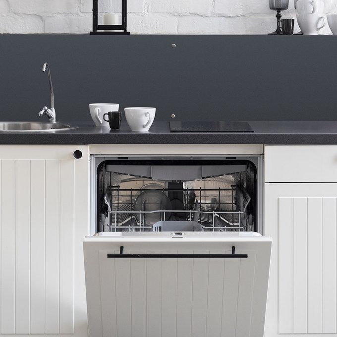 Cups On Kitchen Counter Above Hidden Dishwasher