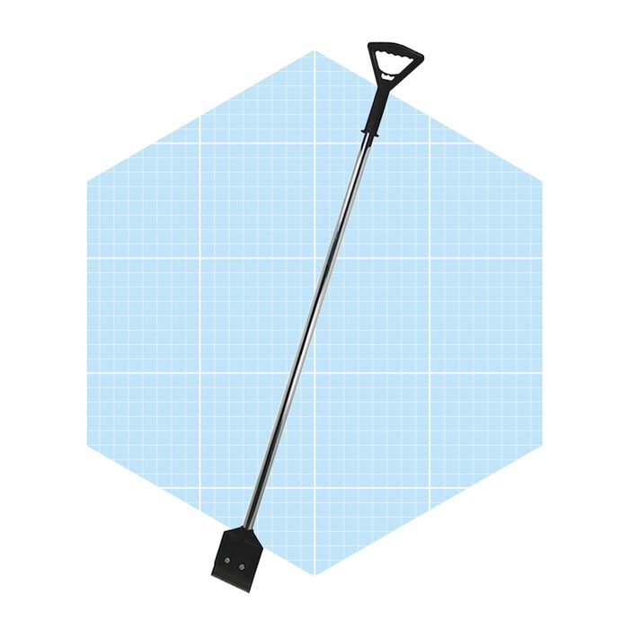 A silver shovel with a black handle stands vertically against a light blue graph-patterned background, showing its flat blade and ergonomic grip.