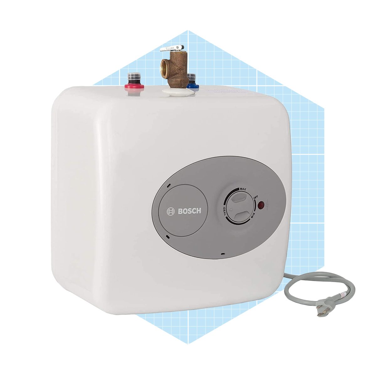 A compact electric water heater displays control knobs and connectors, placed against a light blue geometric background, suggesting a modern, functional appliance.