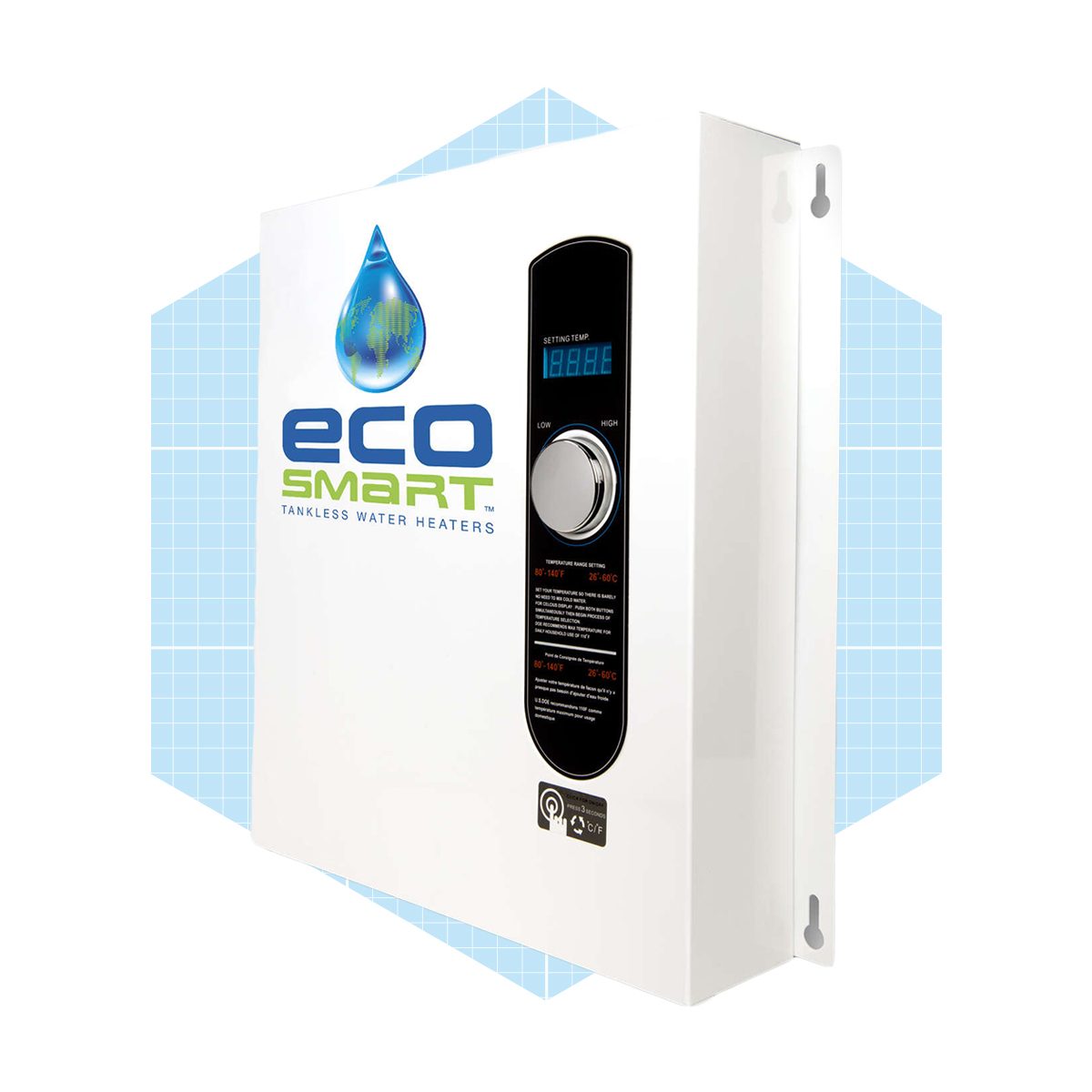 A tankless water heater displays settings and temperature controls, mounted against a light blue geometric background, designed for efficient water heating without storage.