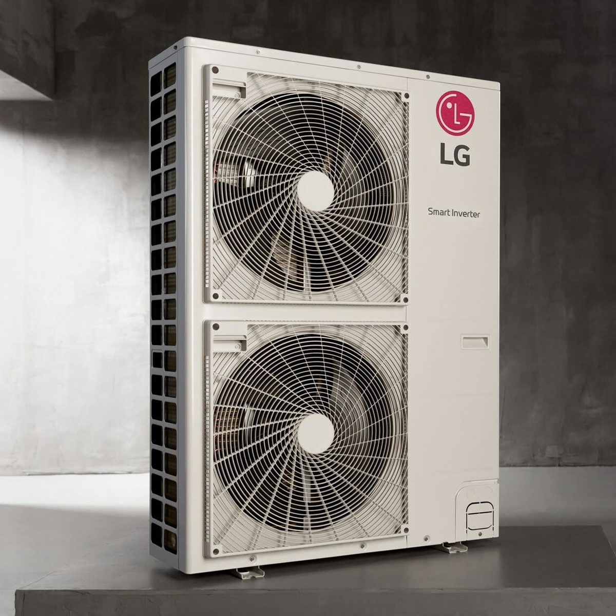 A white LG air conditioning unit with two large fans operates in a minimalistic, gray environment, likely designed for cooling or heating spaces efficiently.