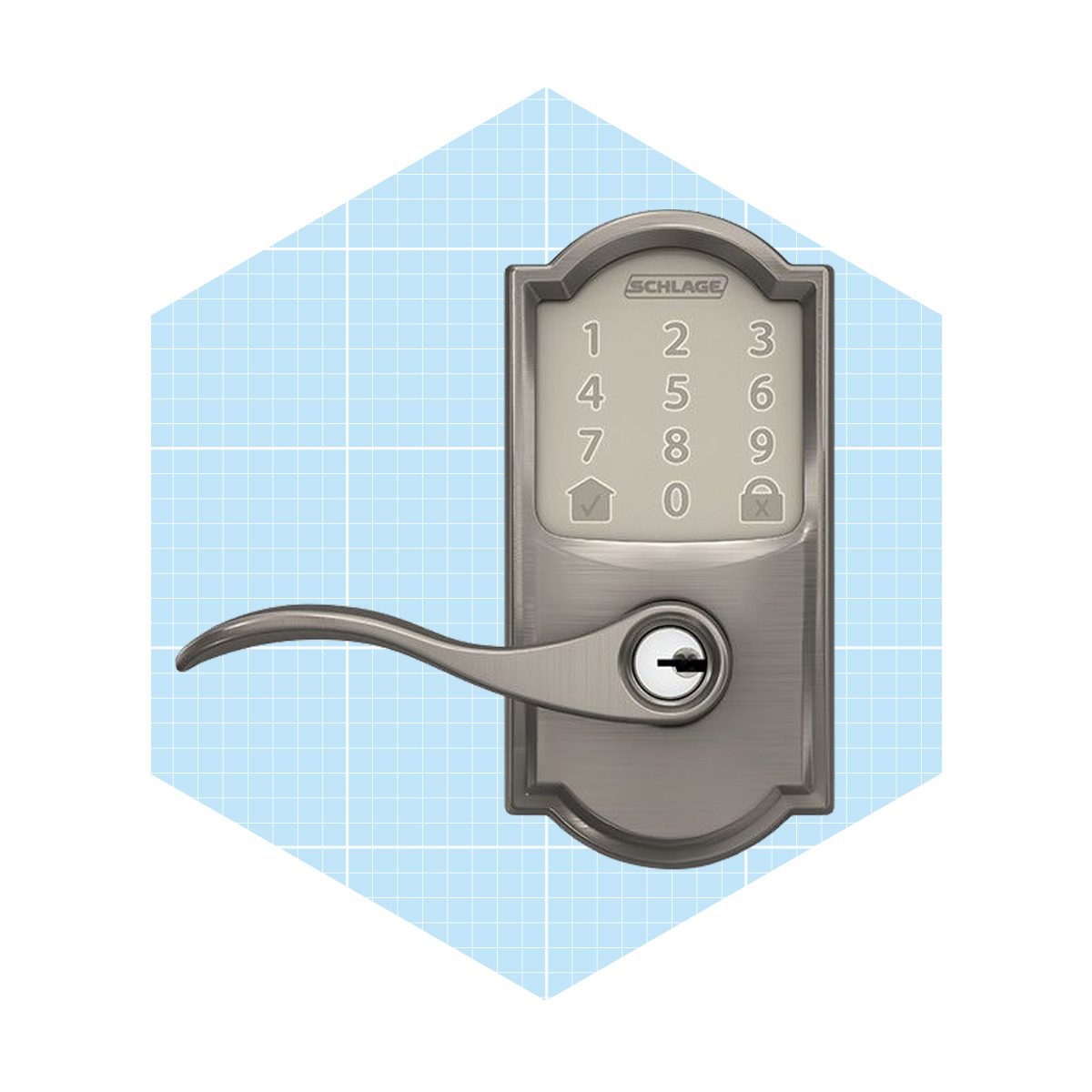 A digital door lock features a keypad for entering codes, with a handle on the side and a keyhole, set against a light blue grid background.