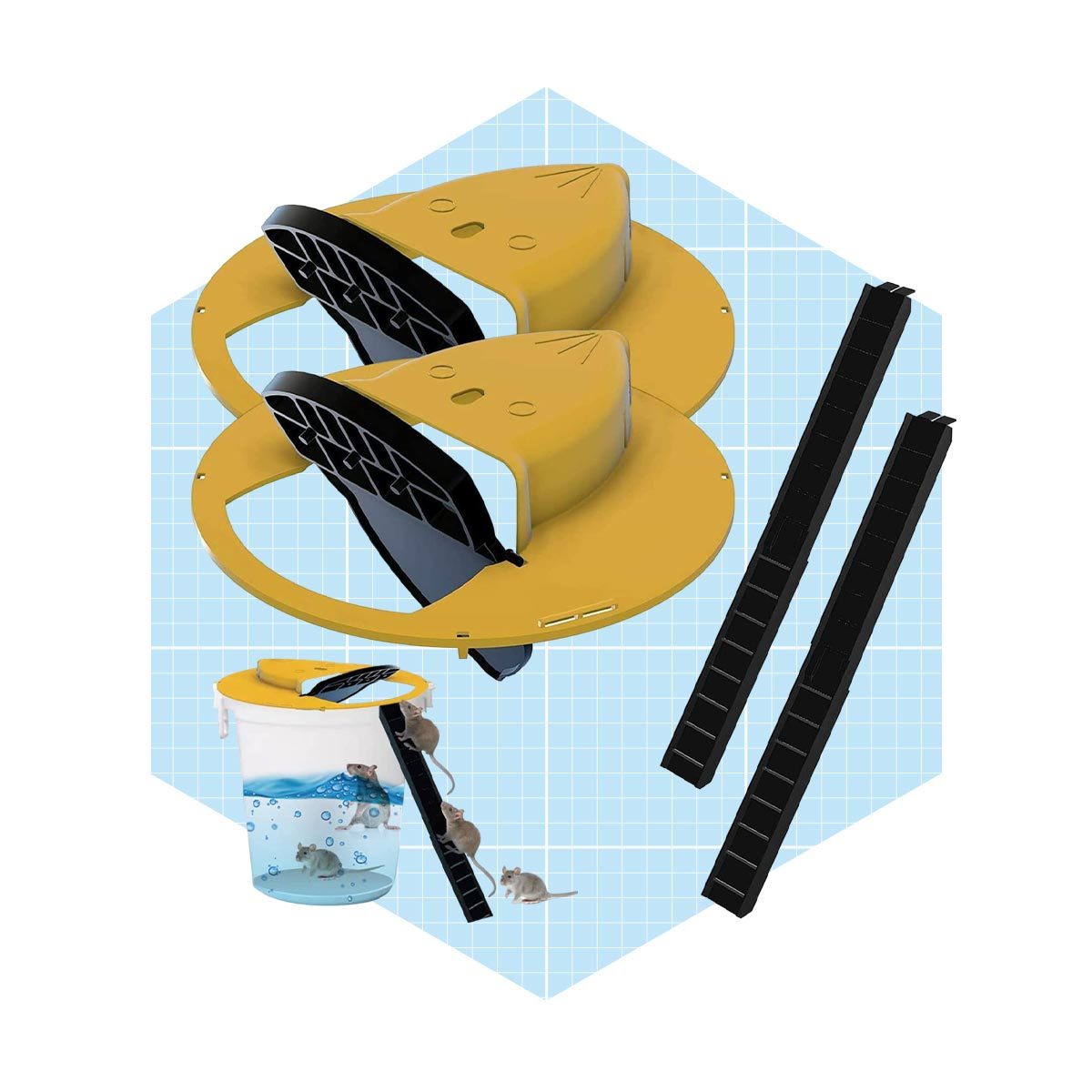 Two yellow, circular mouse traps sit above a clear container of water, with small mice approaching a black ramp leading to the container.