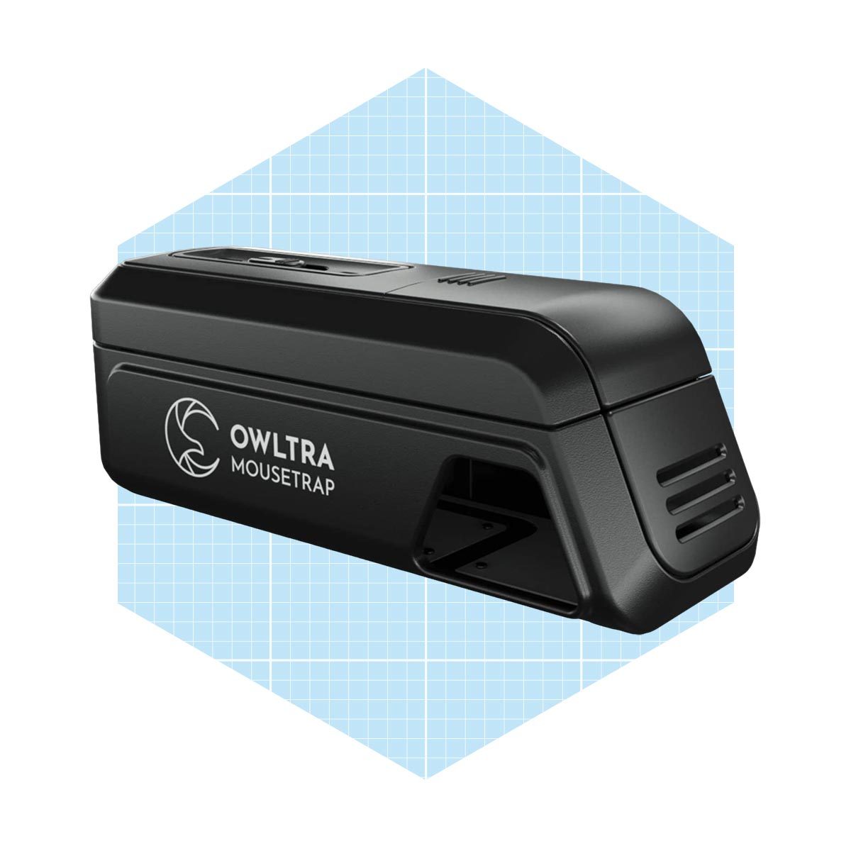 A black mouse trap is displayed, designed to capture mice. It rests on a light blue grid background, emphasizing its sleek design and functionality.