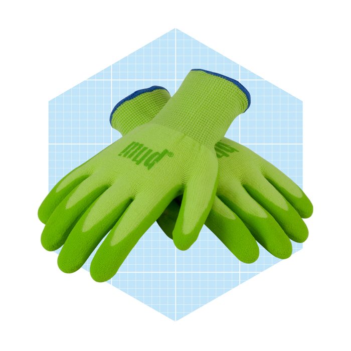 Green gloves are displayed neatly, showcasing their textured grip and elastic cuffs against a light blue grid background.
