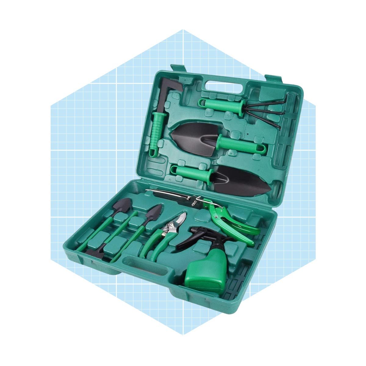 A green tool kit contains various gardening tools, including trowels and pruners, arranged neatly within a carrying case, set against a light blue background.